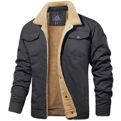 Rugged Snap-Button Jacket with Plush Stand Collar in Dark Grey