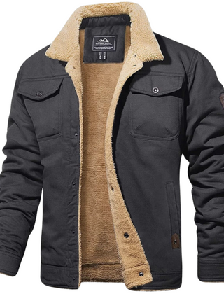 Rugged Snap-Button Jacket with Plush Stand Collar in Dark Grey