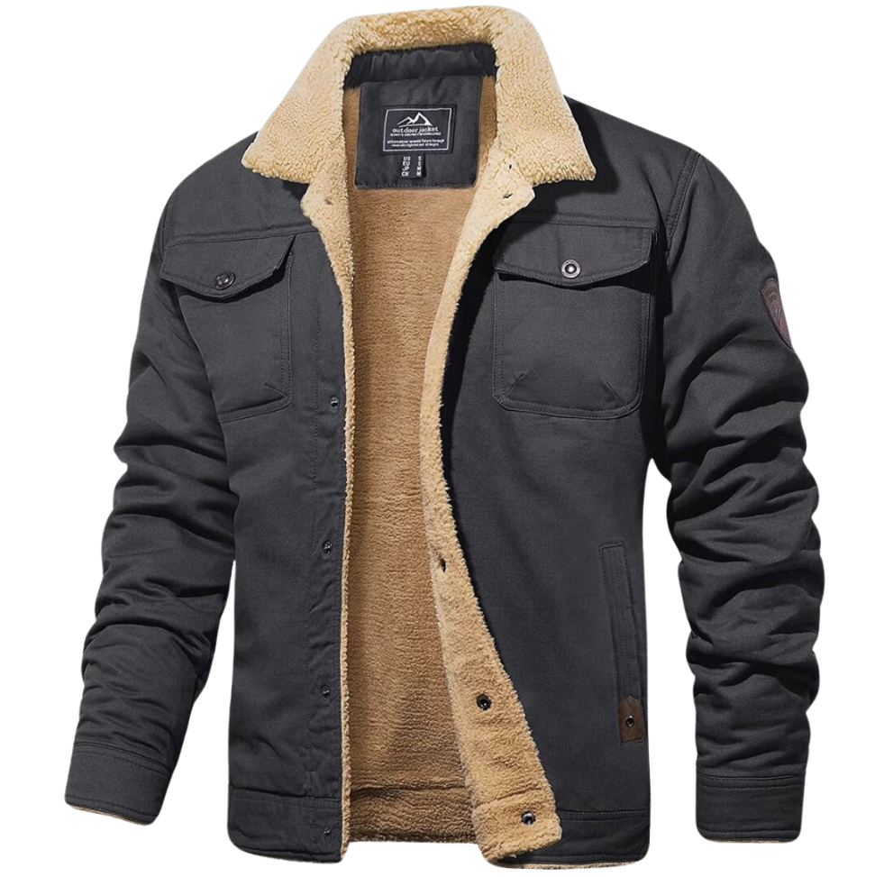 Rugged Snap-Button Jacket with Plush Stand Collar in Dark Grey