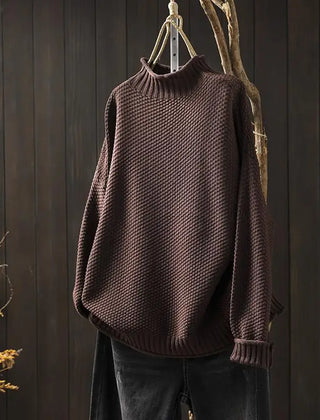 Aurelia | Relaxed Textured Jumper with Ribbed Mock Neck - Brown