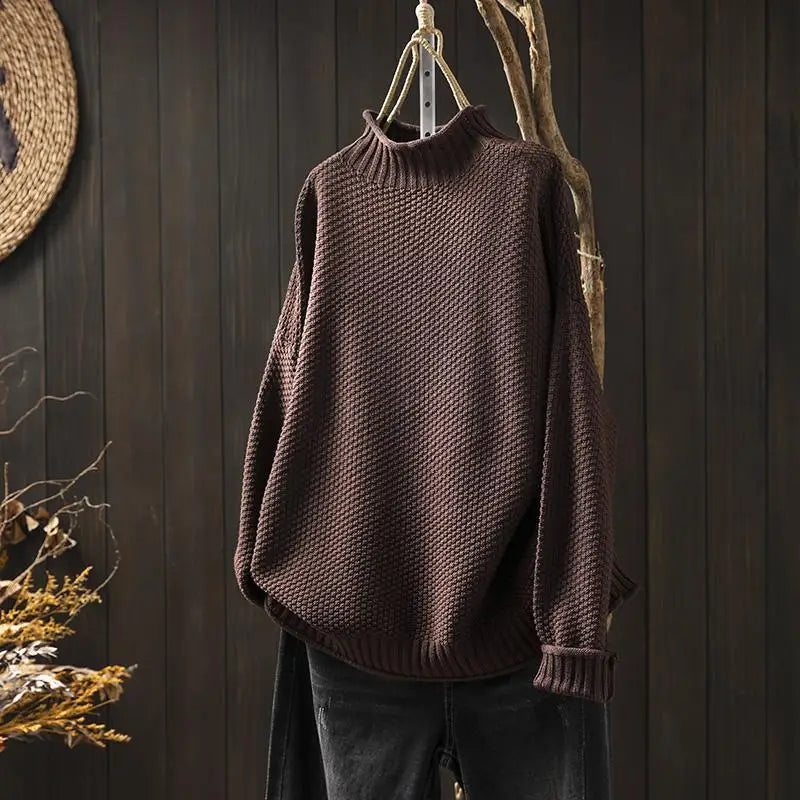 Aurelia | Relaxed Textured Jumper with Ribbed Mock Neck - Brown