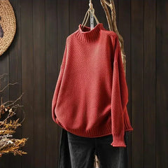 Aurelia | Relaxed Textured Jumper with Ribbed Mock Neck - Red