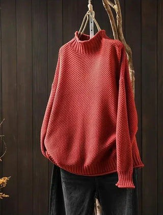 Aurelia | Relaxed Textured Jumper with Ribbed Mock Neck - Red