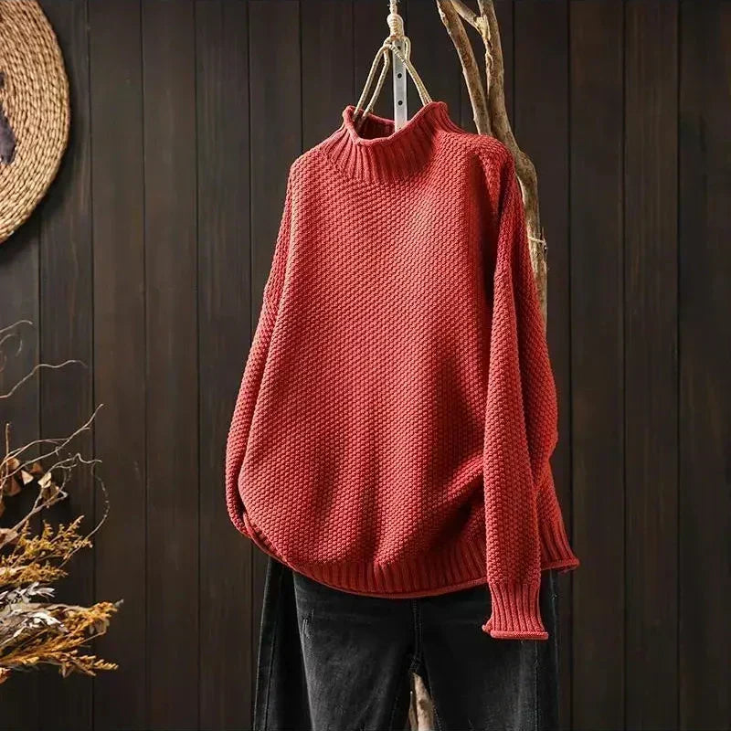 Aurelia | Relaxed Textured Jumper with Ribbed Mock Neck - Red