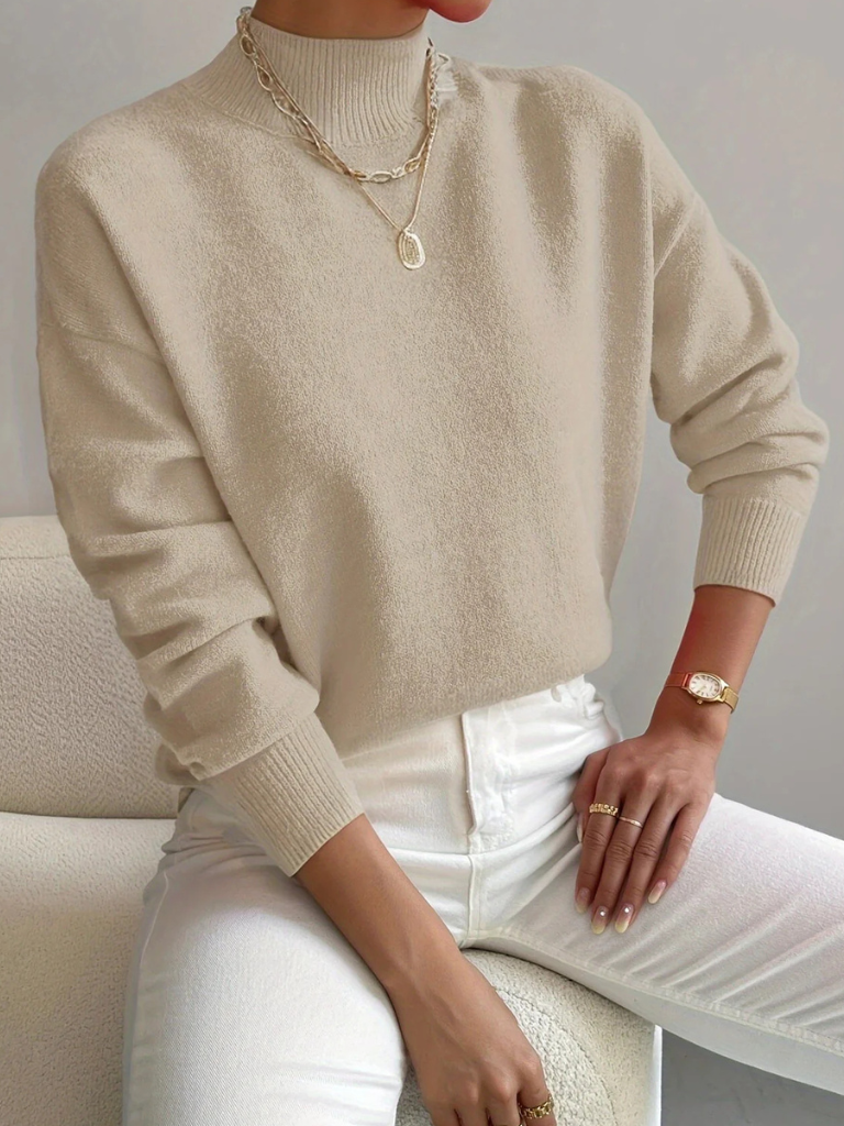Lucinda | Refined Fitted Jumper with High Neck - Beige