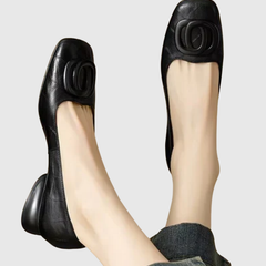 Sylvie | Square Toe Block Heel Flats with Buckle Detail