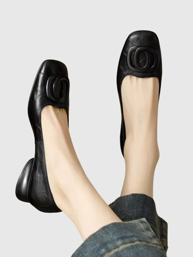 Sylvie | Square Toe Block Heel Flats with Buckle Detail