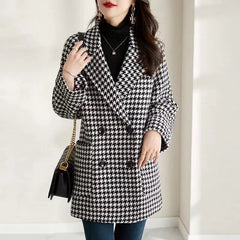 Oversized Houndstooth Blazer Coat with Double-Breasted Front in Black & White