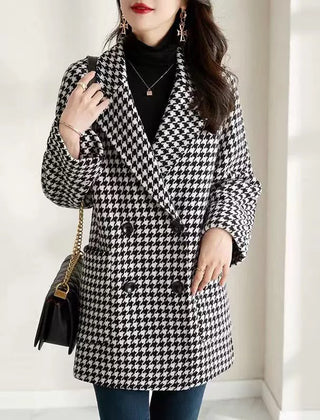 Oversized Houndstooth Blazer Coat with Double-Breasted Front in Black & White