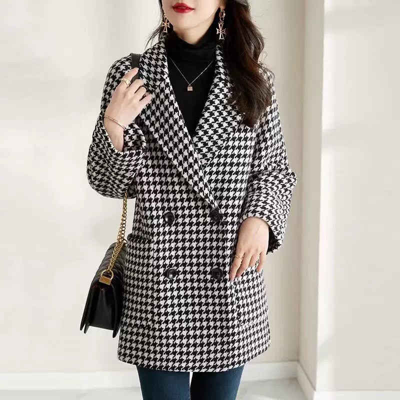Oversized Houndstooth Blazer Coat with Double-Breasted Front in Black & White