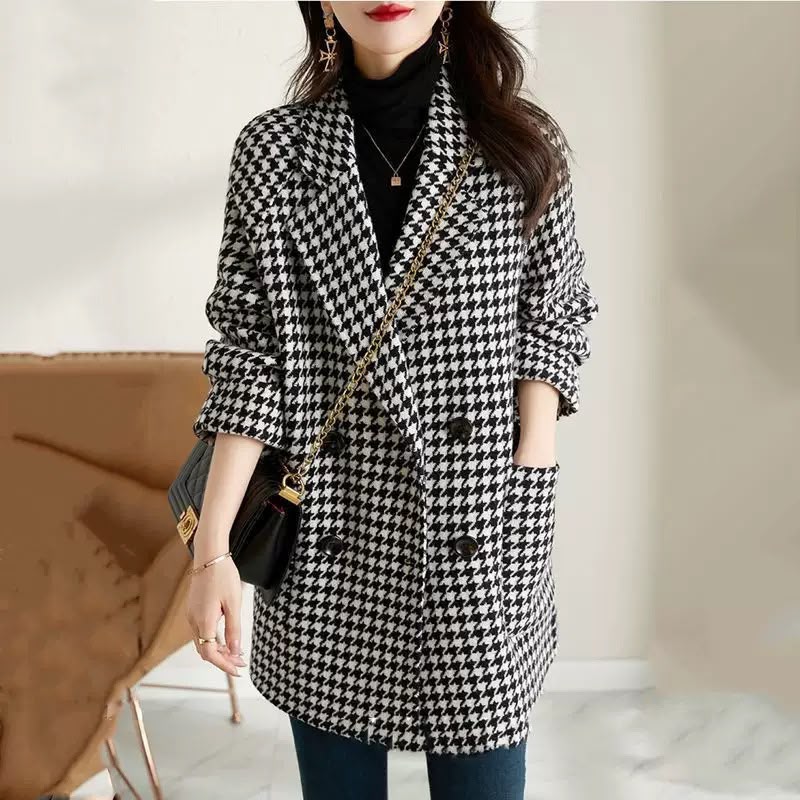 Oversized Houndstooth Blazer Coat with Double-Breasted Front