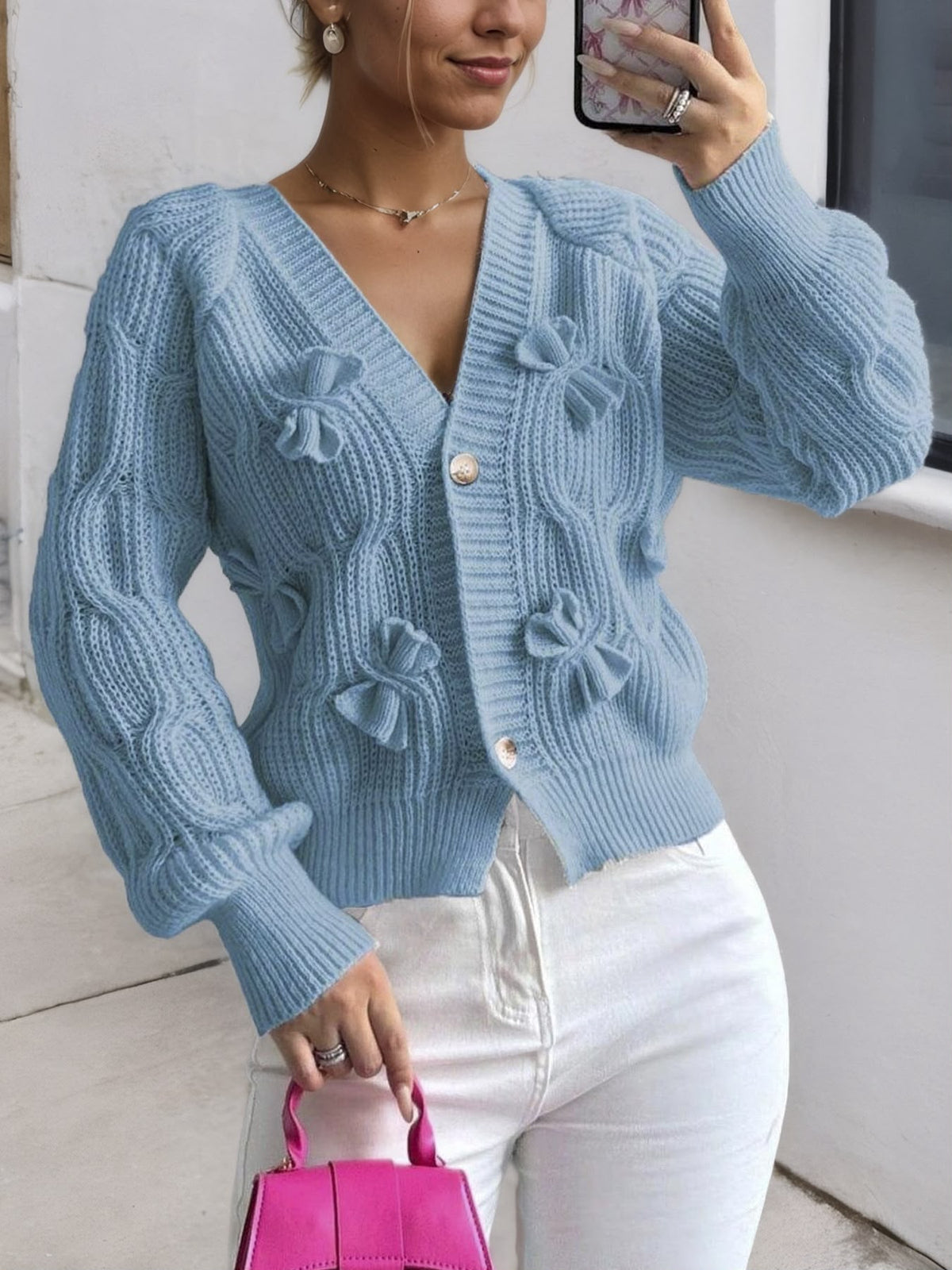 Feminine Cable-Knit Cardigan with Bow Details in Light Blue