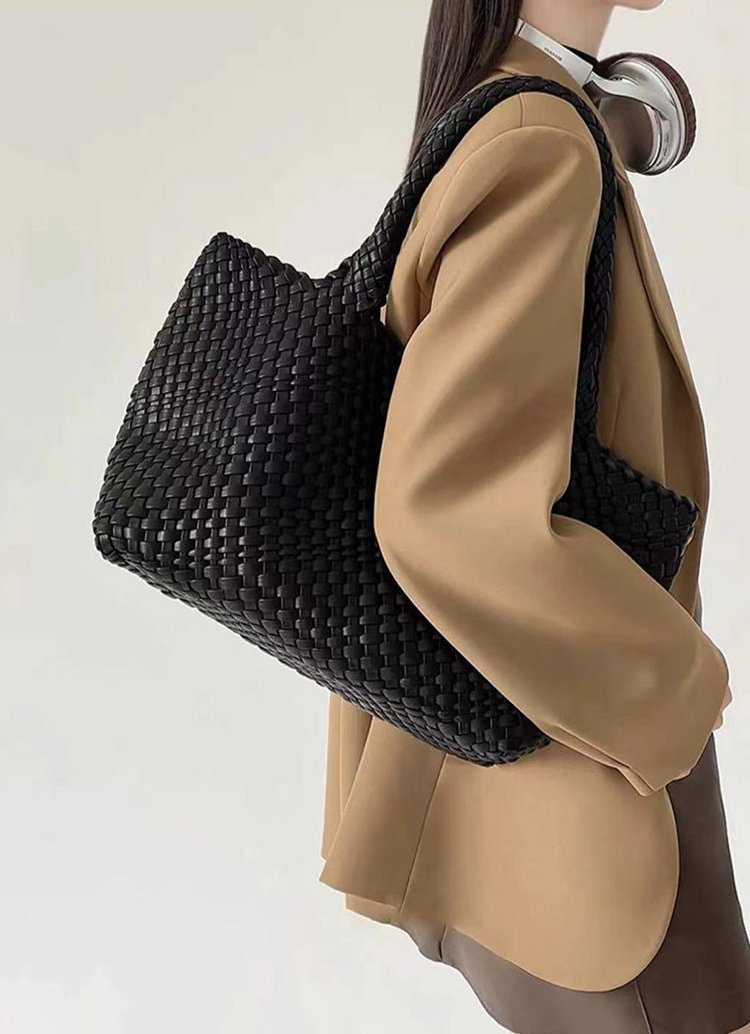 Woven Leather Tote Bag in Chunky Basket Weave