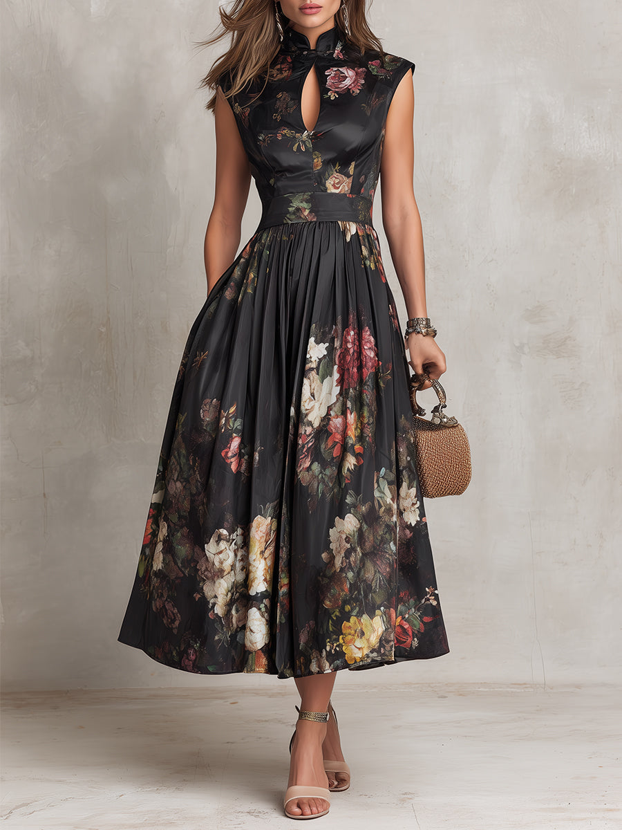 Cordelia | Dark Floral Keyhole Midi Dress