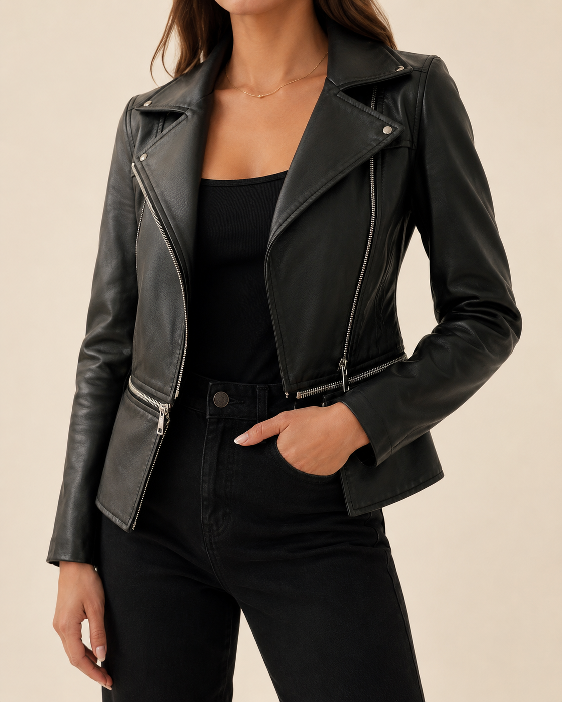Zaria | Women's Chic Leather Jacket with Double Zip Detail