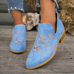 Seren | Embroidered Pointed Ankle Boots with Low Heel - Sky Blue