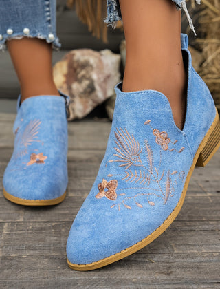Seren | Embroidered Pointed Ankle Boots with Low Heel - Sky Blue