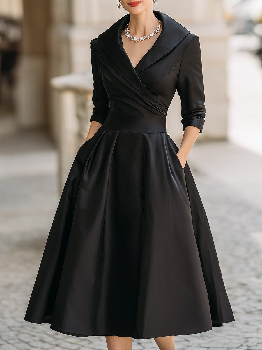 Margaret | Pleated Wrap Midi Dress with Shawl Collar