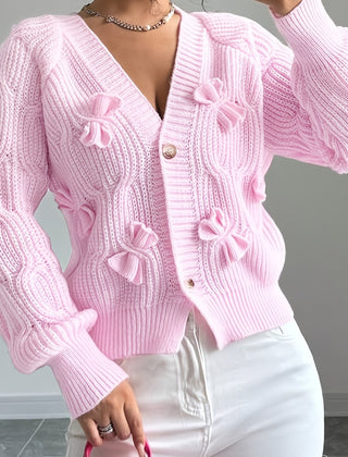 Feminine Cable-Knit Cardigan with Bow Details in Pink