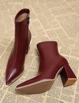 Rosa | Pointed Chunky Heel Ankle Boots with Side Zip - Brick Red