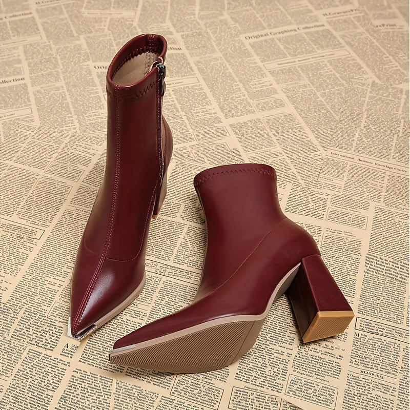 Rosa | Pointed Chunky Heel Ankle Boots with Side Zip - Brick Red