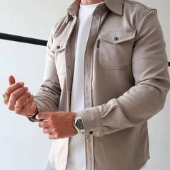 Classic Shirt Jacket with Flap Chest Pockets in Beige