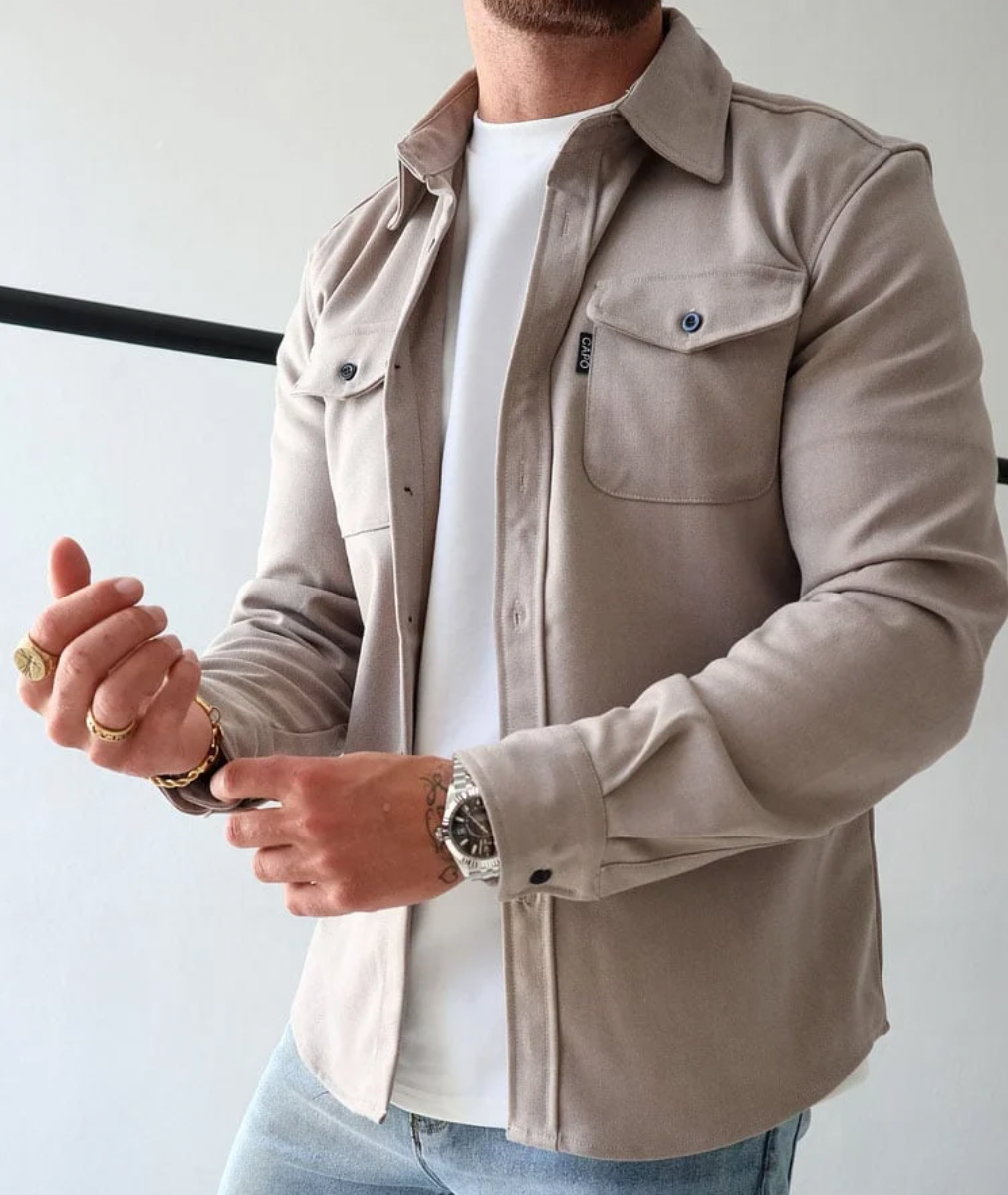 Classic Shirt Jacket with Flap Chest Pockets in Beige