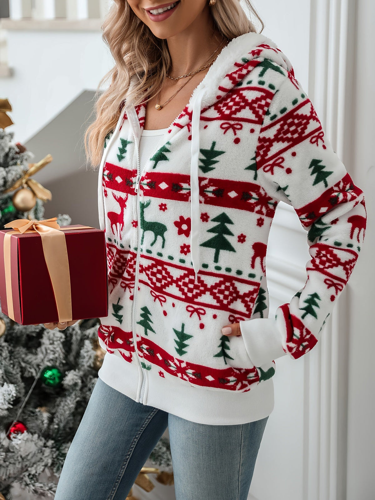 Noelle | Cosy Festive Hooded Cardigan with Zip Front