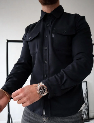 Classic Shirt Jacket with Flap Chest Pockets in Black