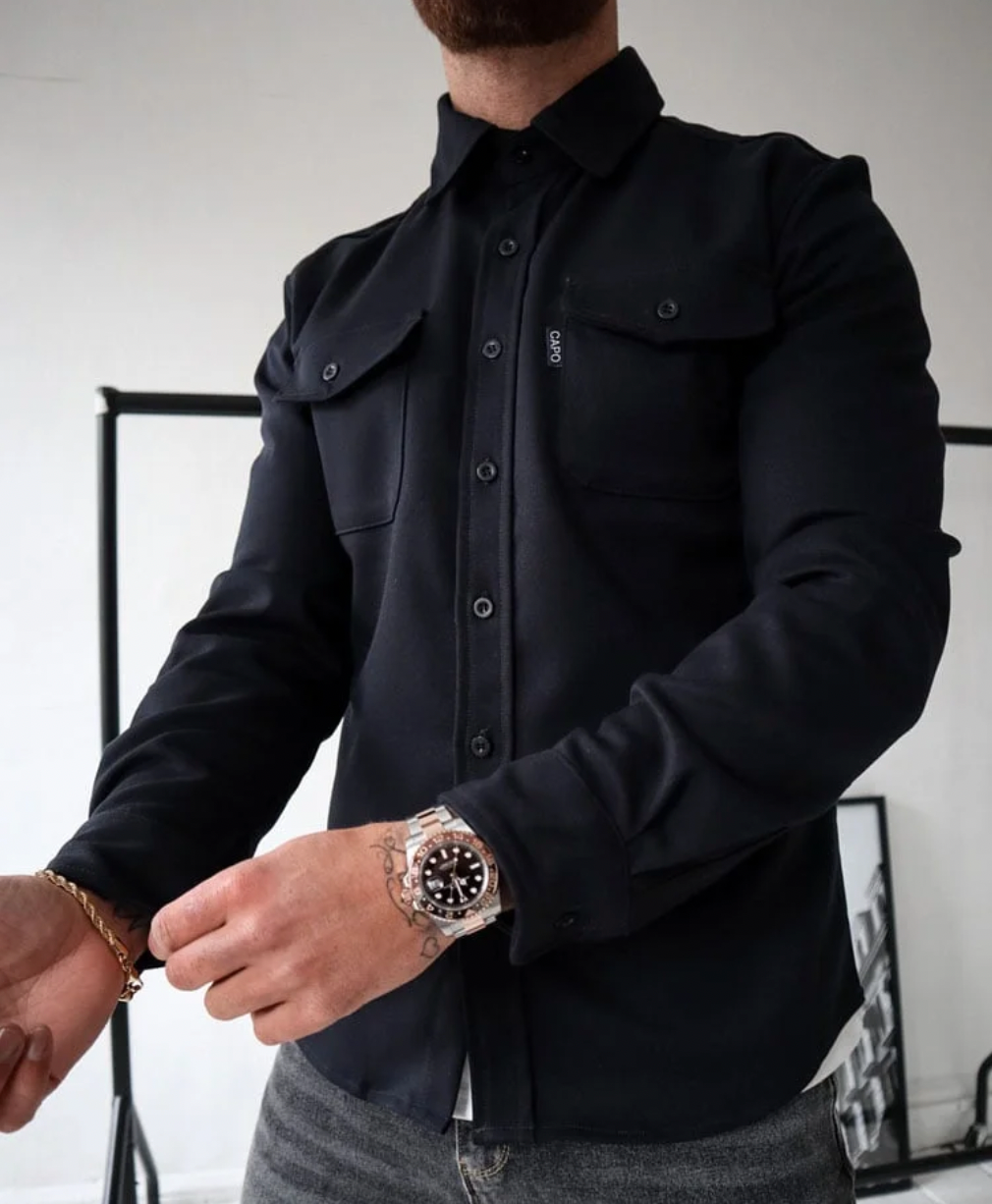 Classic Shirt Jacket with Flap Chest Pockets in Black