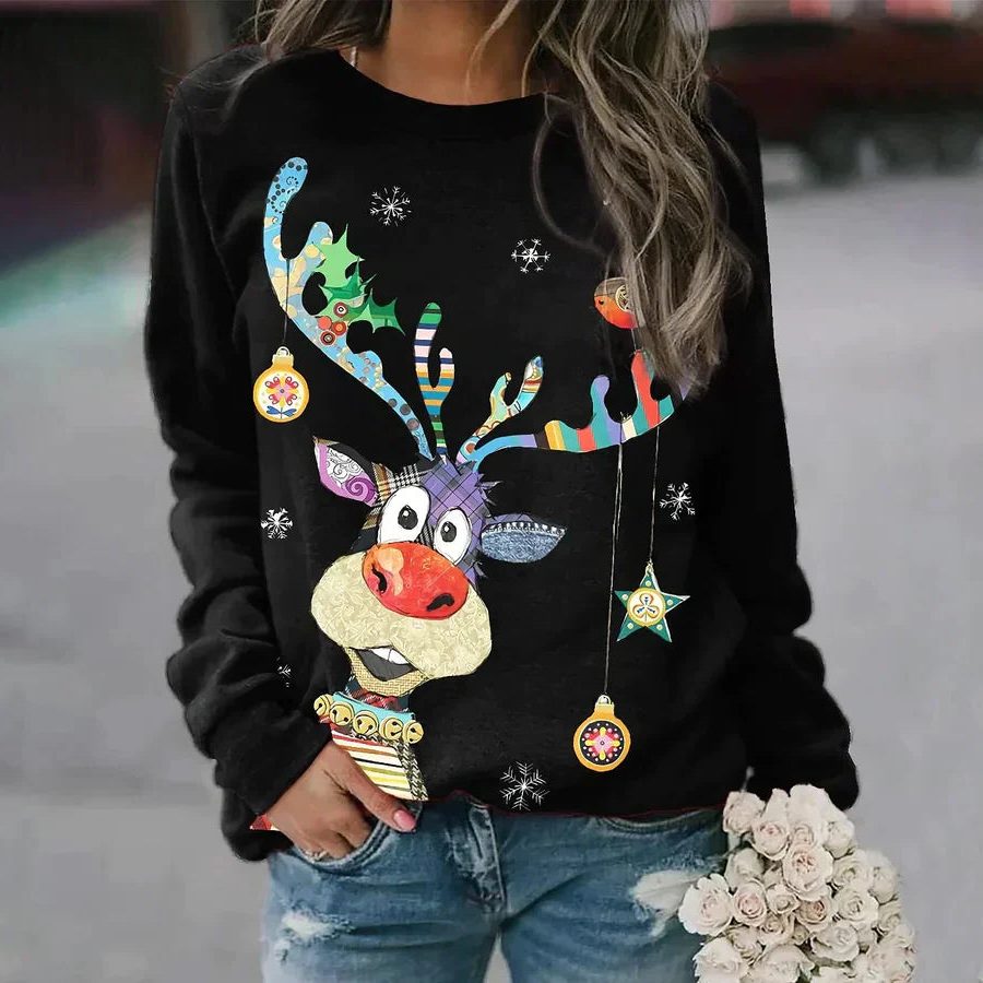 Carol | Holiday Print Christmas Sweatshirt with Round Neck