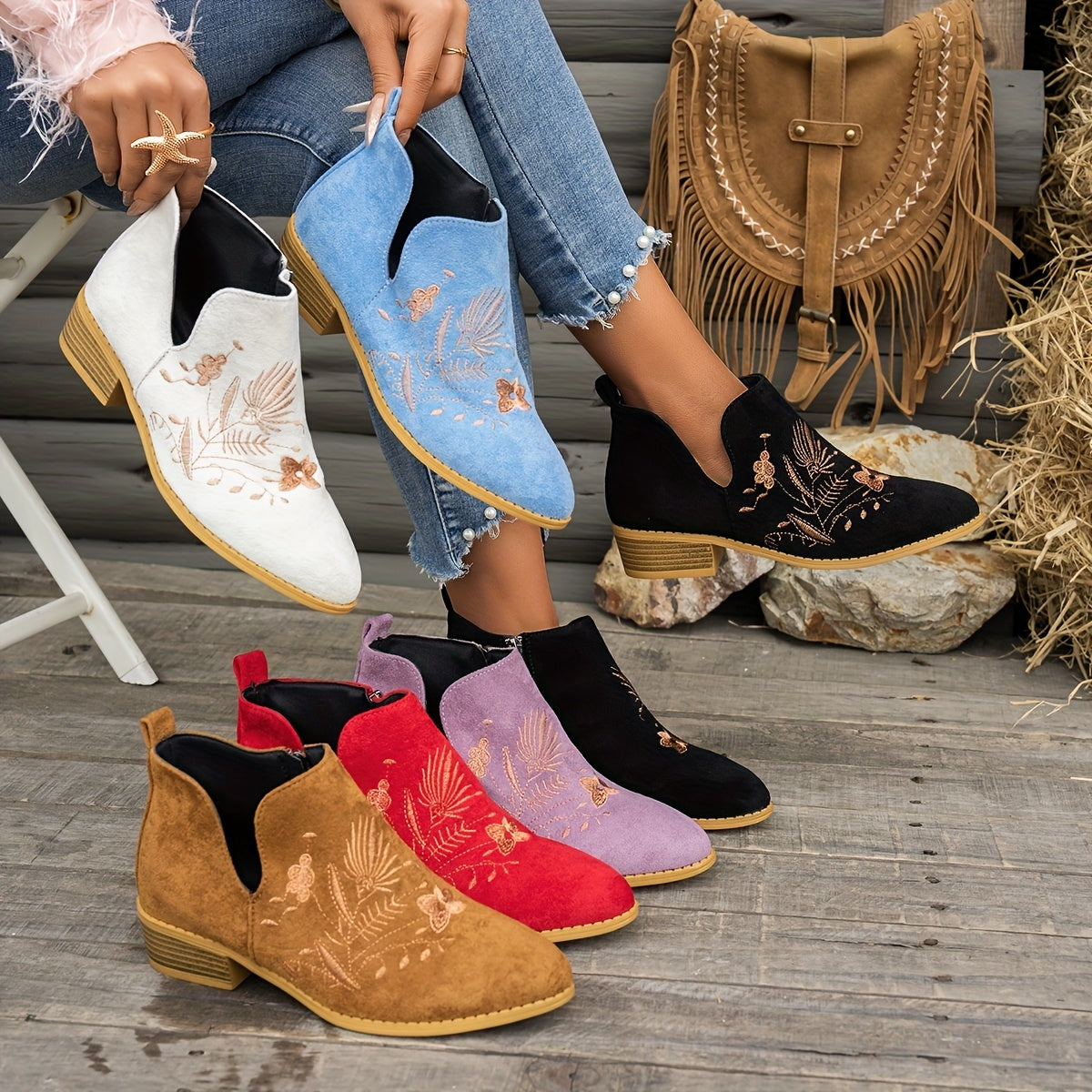 Seren | Embroidered Pointed Ankle Boots with Low Heel