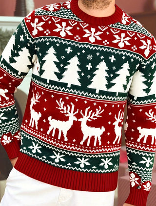 Angus | Festive Knitted Jumper with Winter Motifs - Red