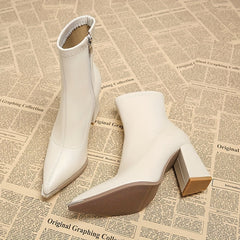 Rosa | Pointed Chunky Heel Ankle Boots with Side Zip - Beige