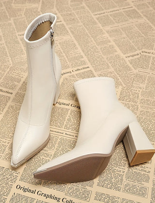 Rosa | Pointed Chunky Heel Ankle Boots with Side Zip - Beige