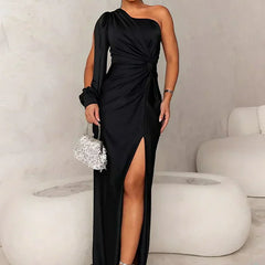Iris | Draped One-Shoulder Maxi Dress with Front Slit - Black