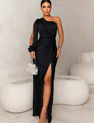 Iris | Draped One-Shoulder Maxi Dress with Front Slit - Black