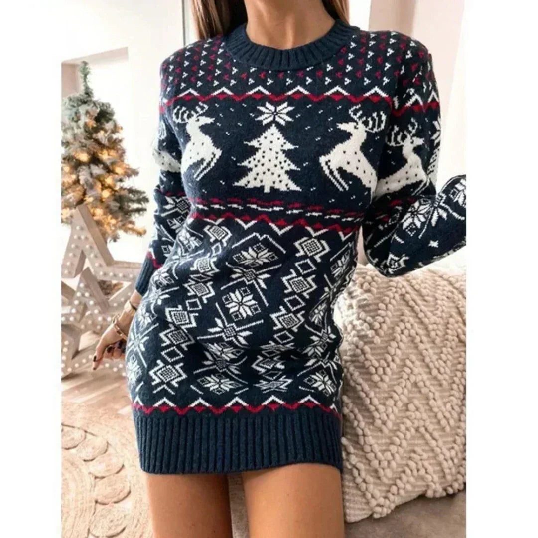 Merryn | Fair Isle Jumper Dress with Reindeer Motif