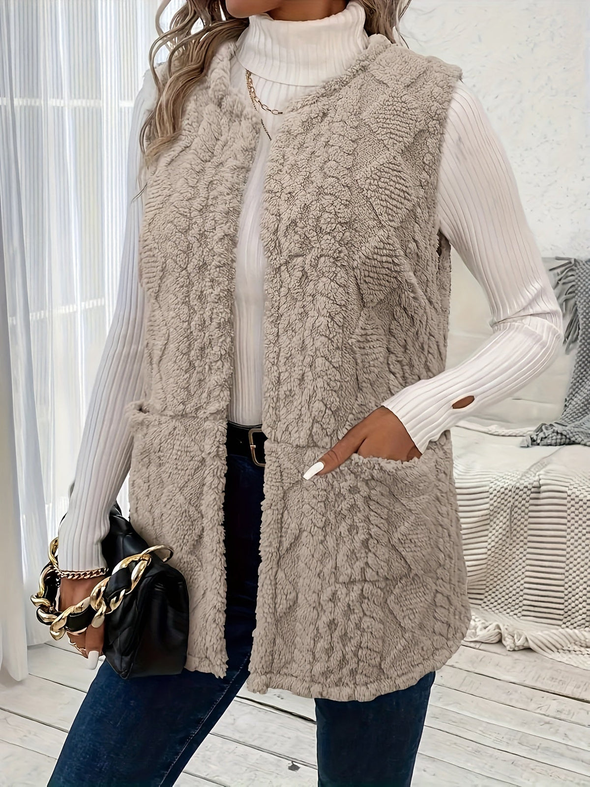 Textured Longline Gilet with Open Front