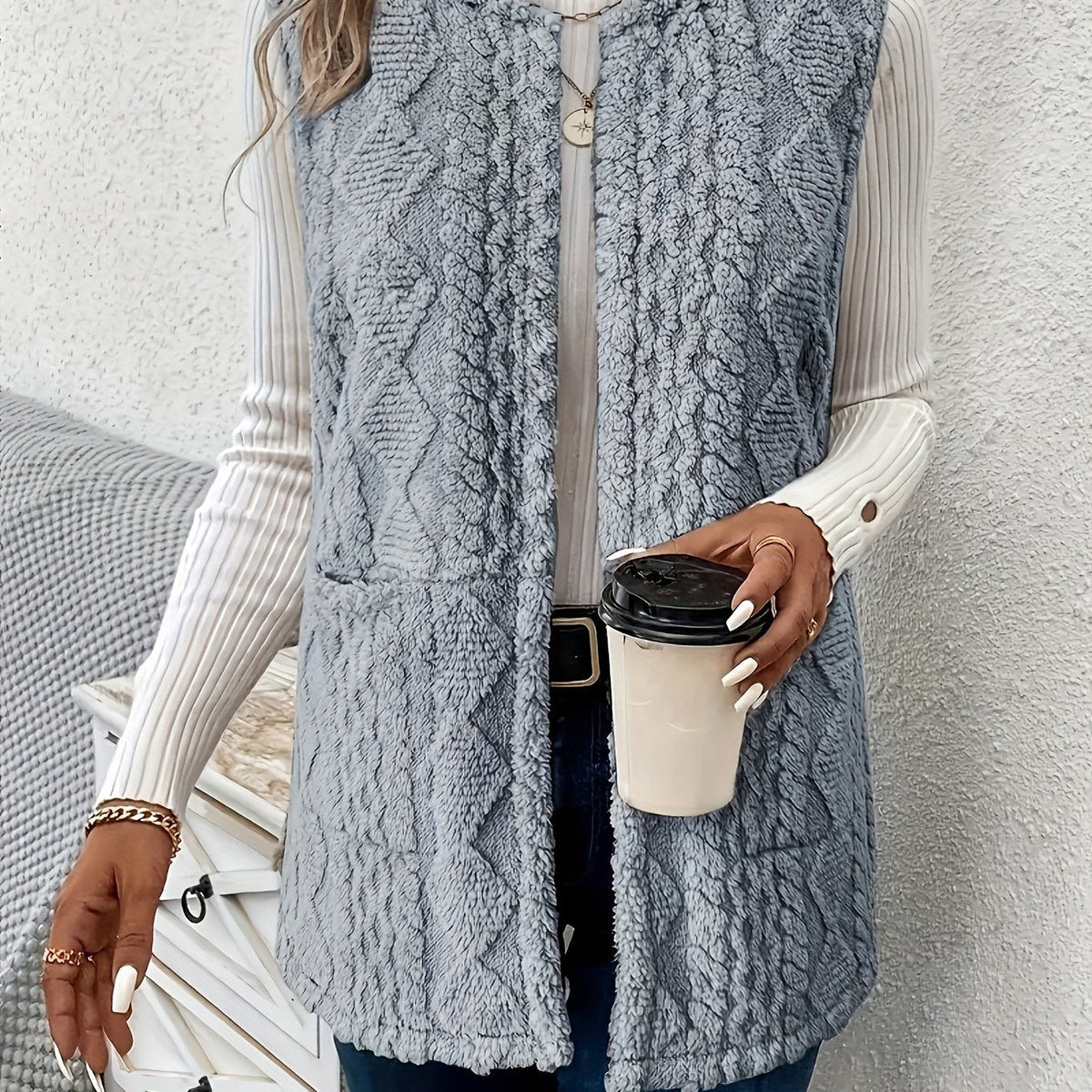 Textured Longline Gilet with Open Front in Slate Grey