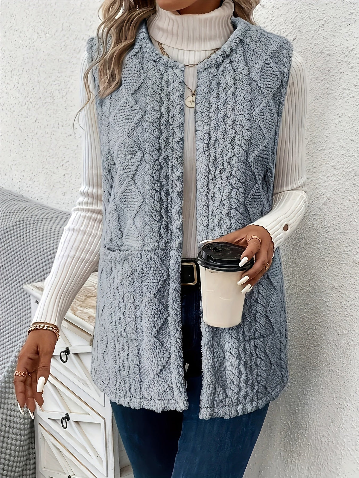Textured Longline Gilet with Open Front