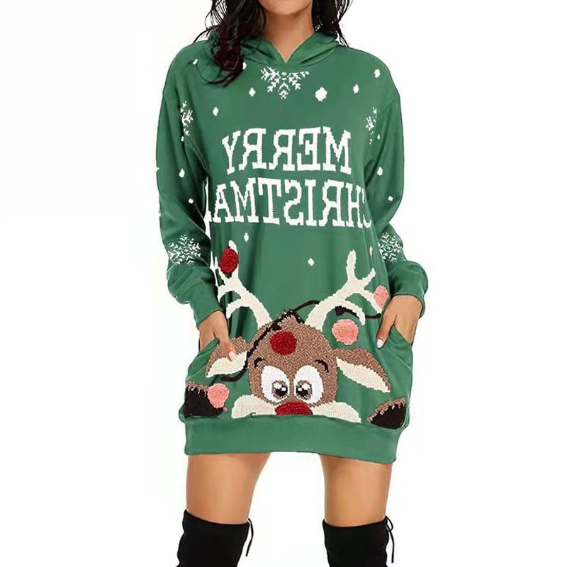Mabel | Festive Christmas Hoodie Dress with Peeking Reindeer