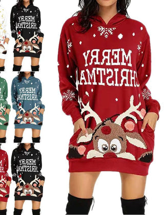 Mabel | Festive Christmas Hoodie Dress with Peeking Reindeer
