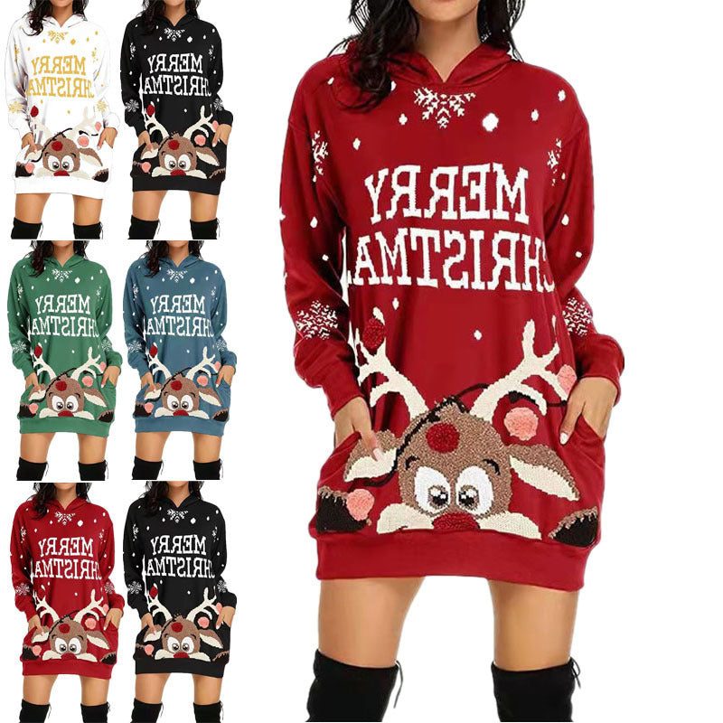 Mabel | Festive Christmas Hoodie Dress with Peeking Reindeer
