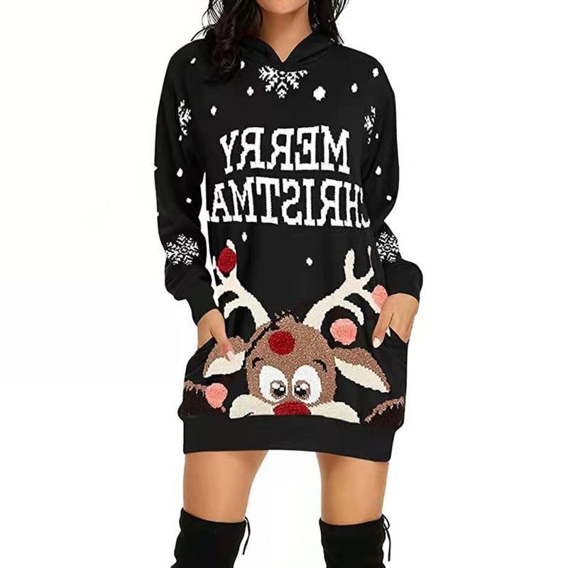 Mabel | Festive Christmas Hoodie Dress with Peeking Reindeer