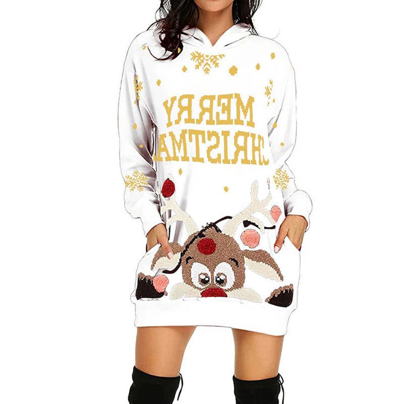 Mabel | Festive Christmas Hoodie Dress with Peeking Reindeer