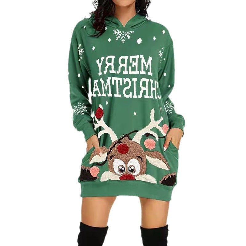 Mabel | Festive Christmas Hoodie Dress with Peeking Reindeer