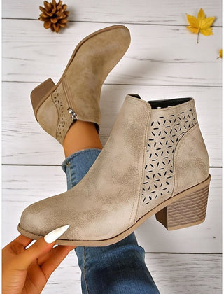 Tilly | Cutout Low Heel Ankle Boots with Side Zip - Khaki