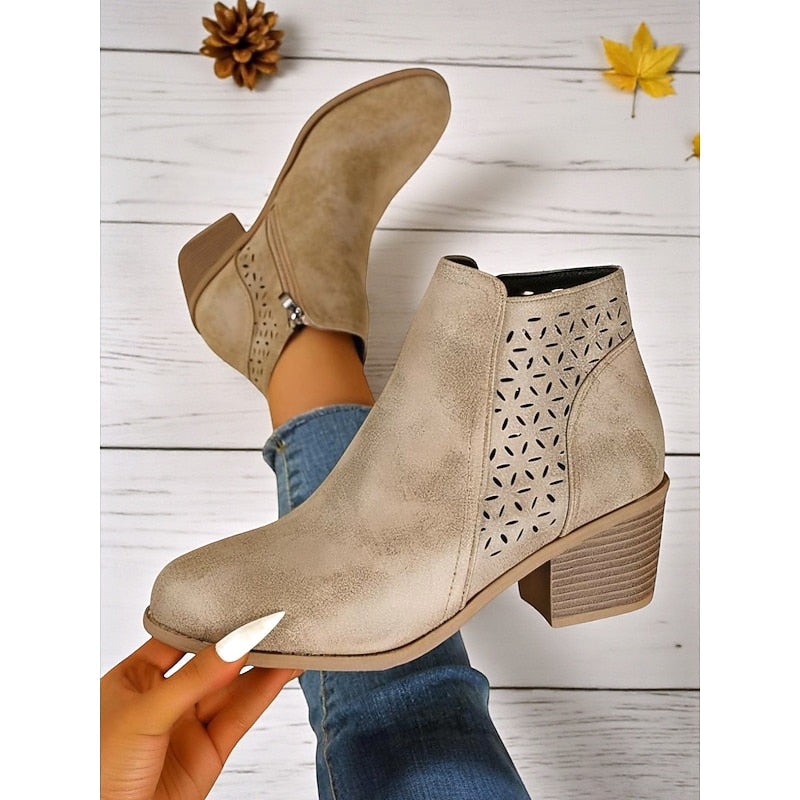 Martha | Perforated Ankle Boots with Stacked Block Heel