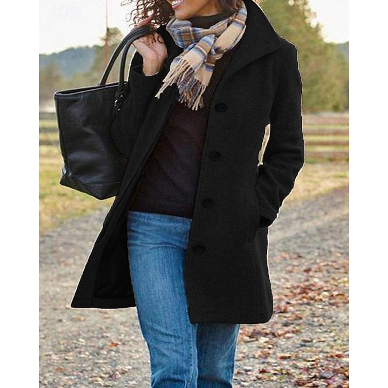 Evangeline | Tailored Button-Front Coat with Turndown Collar - Black
